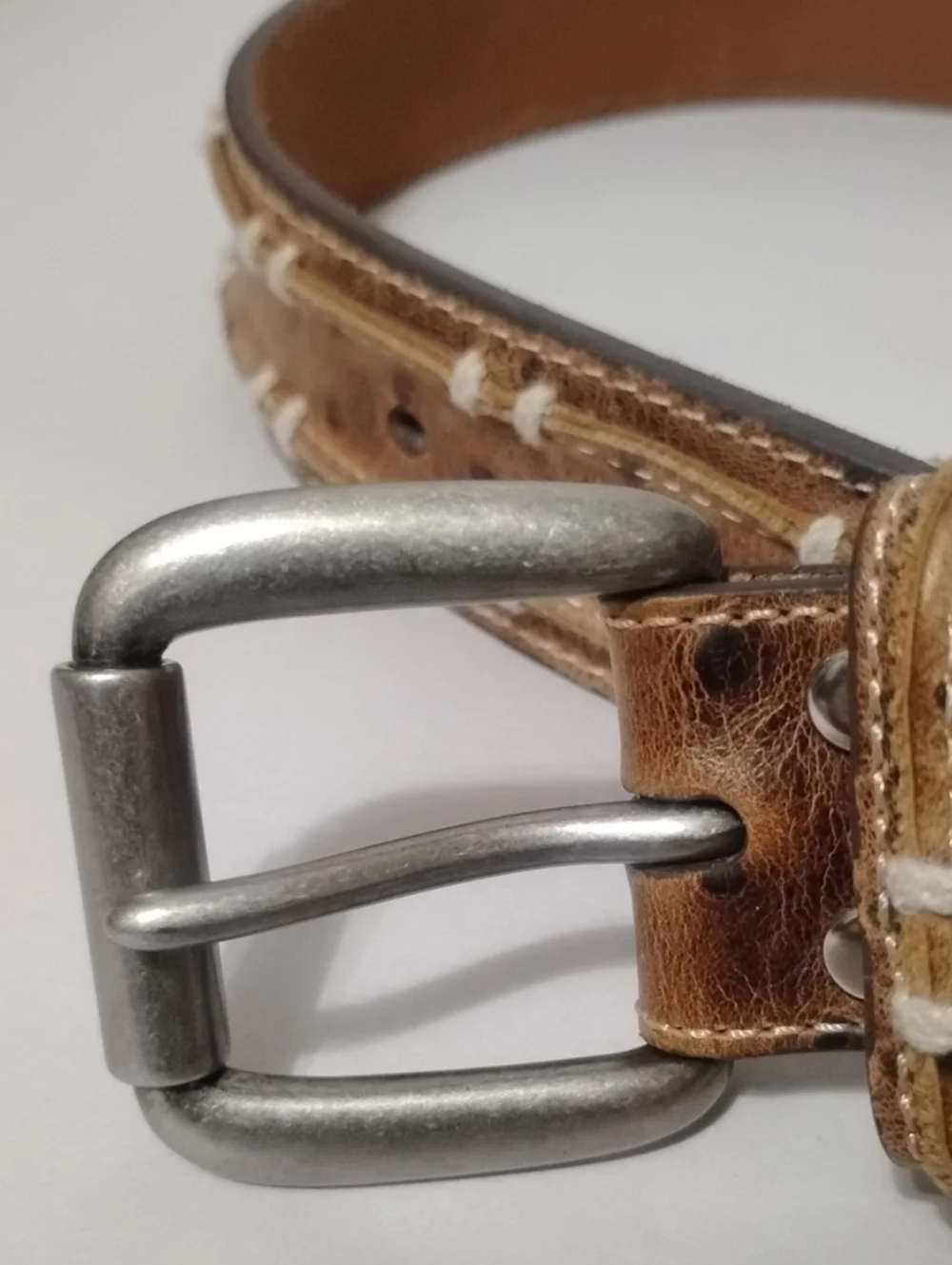 DBL BARREL Western Ostrich Brown Leather Men’s 32 Belt with Contrast Stitching